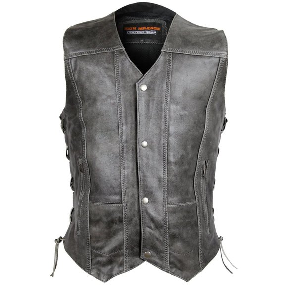 High Mileage Men's Distressed Gray Ten Pocket Leather Vest - Picture 1 of 6